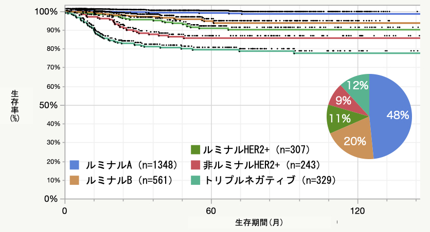 サブタイプ別術後生存率曲線　2011.4～2021.5 n=2733＊