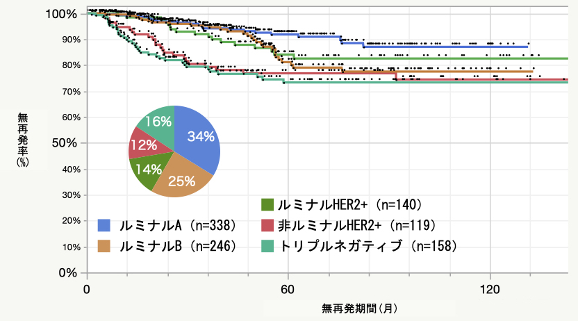 Stage 2 サブタイプ別術後無再発率曲線　2011.4～2021.5 n=787＊