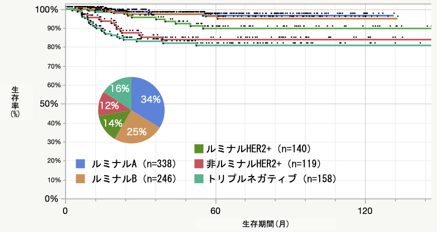 Stage 2 サブタイプ別術後生存率曲線　2011.4～2021.5 n=787＊