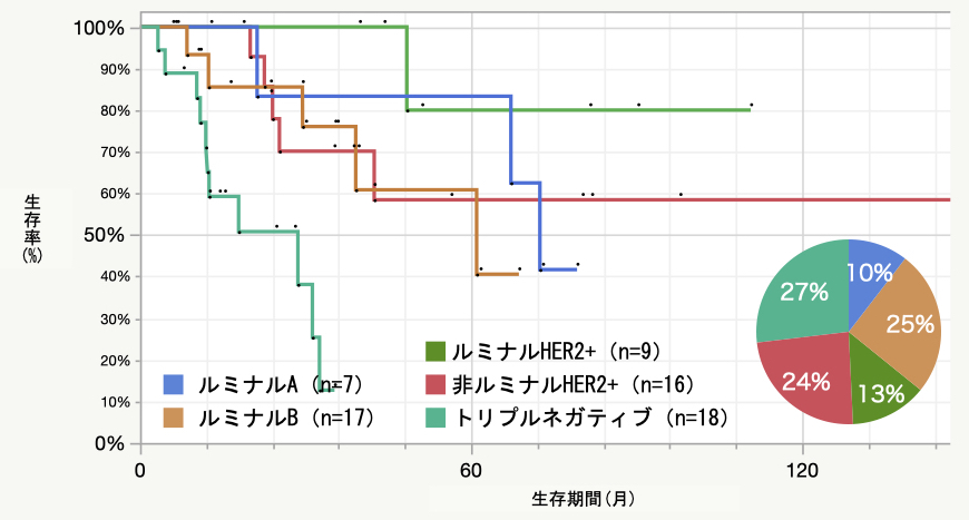 Stage 4 サブタイプ別術後生存率曲線　2011.4～2021.5 n=57＊