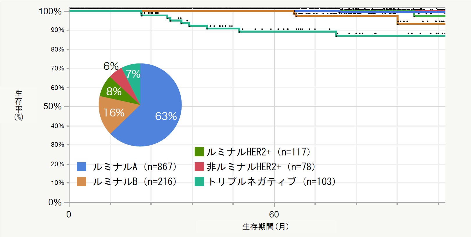 Stage 1 サブタイプ別術後生存率曲線　2011.4～2021.5 n=1381＊